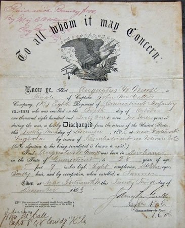 US Civil War Union Soldiers Discharge, 8th Connecticut Inf'y, Twice Wounded — image 2