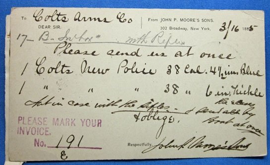 US Indian War Era, Colt Patented Firearms Co., Postcard, J.P.Moore NYC 1885 — image 2