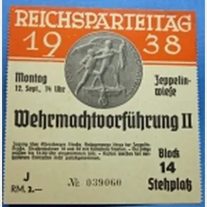 German WWII 1938 Reichsparteitag Ticket Stub, Monday 12 September 1938