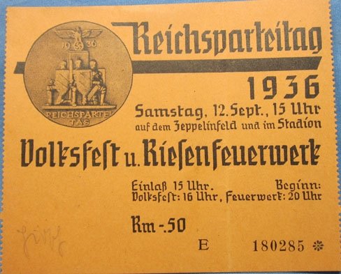 German WWII 1936 Reichsparteitag Ticket Stub — image 2