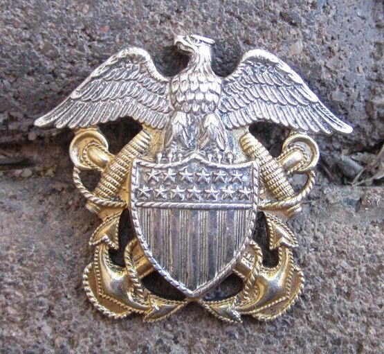US WWII Era, Navy Officers Overseas Hat Insignia, Solid Back, Sterling — image 2