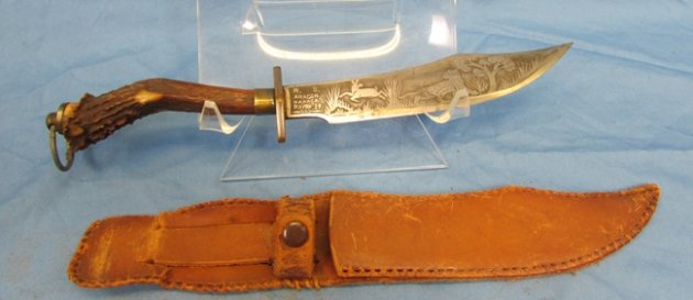  Mexican Pre WWII Engraved Era Knife with Sheath, Stag Grips — image 3
