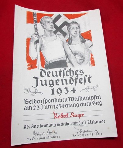  German WWII Era, 1934 Deutsches Jungfest Sports Award — image 2