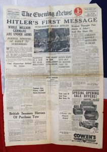 Front Page of the Evening News Sept 6th 1938. 'Hitler's …