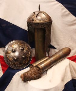 A Gold Inlaid Traditional Persian Armour Suite, of Helmet, Shield …