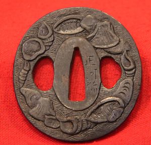 A Good Antique Edo Period Round Signed Tetsu Wakazashi Tsuba …