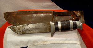 A WW2 'Bowie' Type Fighting Knife With Pressed Leather Grip