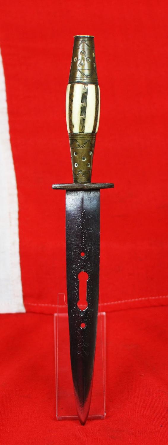 A Very Good, Antique Decorated Spanish Antique Albacete Fighting Knife, aka The Albacete Knife Plug Bayonet. With Pieced Blade & Dot Punched Decoration With A Brass and Carved Bone Hilt — image 2