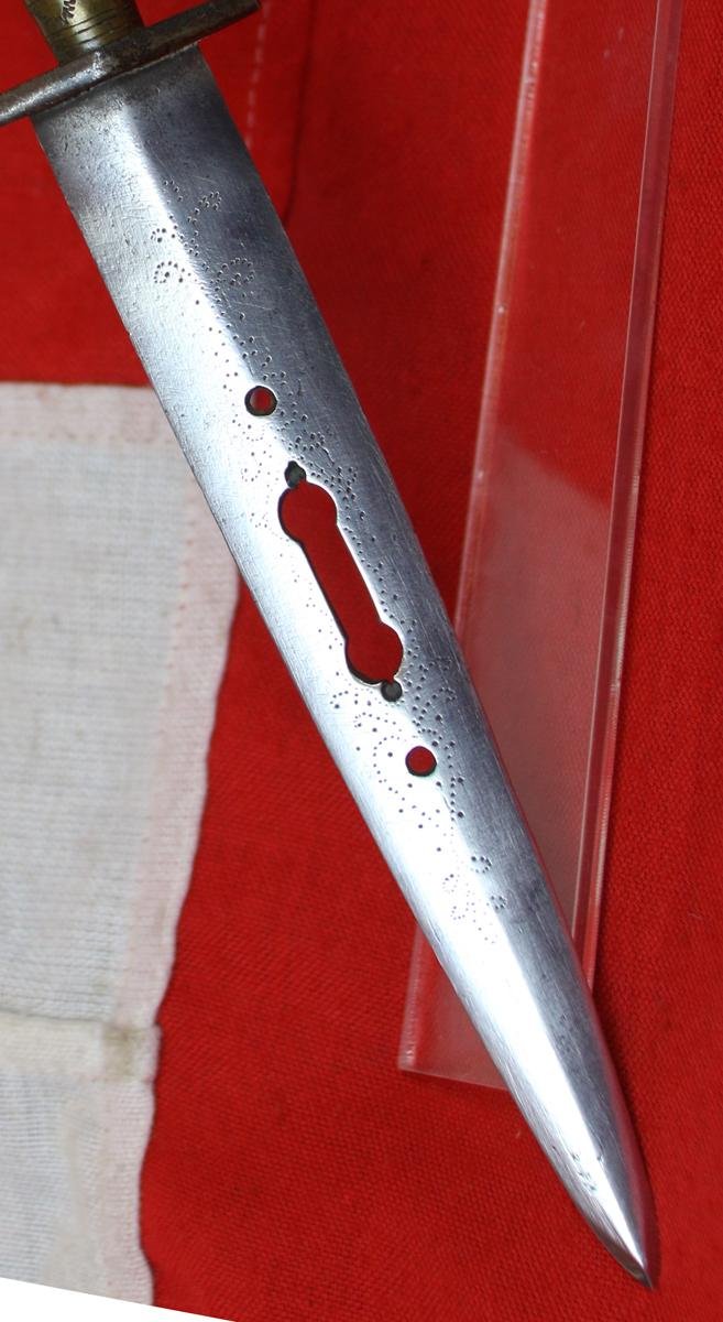 A Very Good, Antique Decorated Spanish Antique Albacete Fighting Knife, aka The Albacete Knife Plug Bayonet. With Pieced Blade & Dot Punched Decoration With A Brass and Carved Bone Hilt — image 4