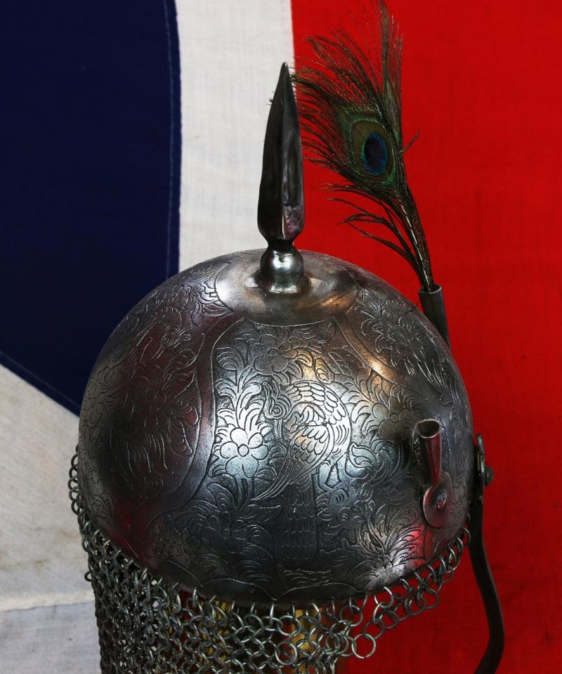 An Indian Kulah Khud Helmet With Fully Etched and Engraved With Exotic Birds and Figures. Mounted With the Traditional Spike & Peacock Feather Plume Mounts — image 2