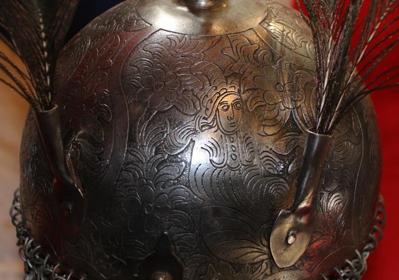 An Indian Kulah Khud Helmet With Fully Etched and Engraved With Exotic Birds and Figures. Mounted With the Traditional Spike & Peacock Feather Plume Mounts — image 3