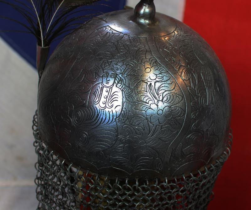 An Indian Kulah Khud Helmet With Fully Etched and Engraved With Exotic Birds and Figures. Mounted With the Traditional Spike & Peacock Feather Plume Mounts — image 4