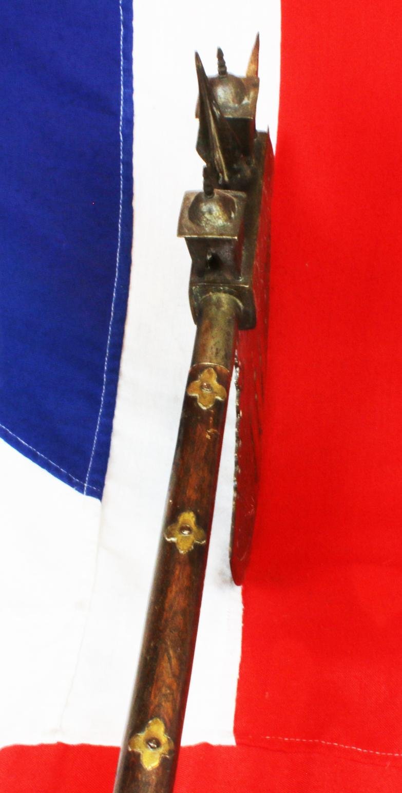 An Amazing, Huge, Antique Indian Ceremonial Steel Tabar Axe Inlaid in Brass, With Scene of Krishna & Temple Decor. Massive Crescentric Blade and Spike End, And Steel Chhajjas — image 3