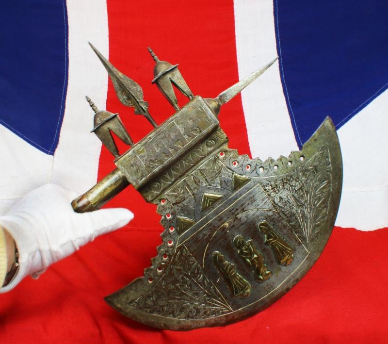 An Amazing, Huge, Antique Indian Ceremonial Steel Tabar Axe Inlaid in Brass, With Scene of Krishna & Temple Decor. Massive Crescentric Blade and Spike End, And Steel Chhajjas — image 4