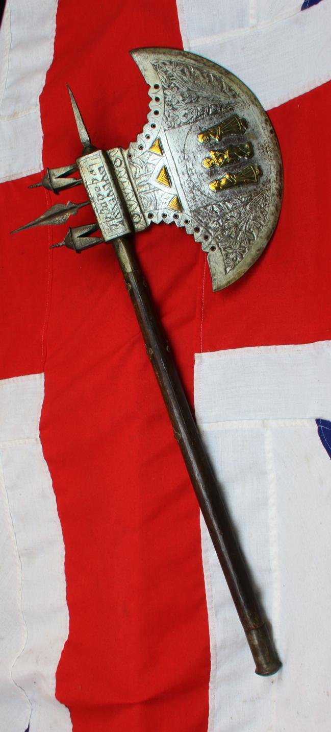 An Amazing, Huge, Antique Indian Ceremonial Steel Tabar Axe Inlaid in Brass, With Scene of Krishna & Temple Decor. Massive Crescentric Blade and Spike End, And Steel Chhajjas — image 5