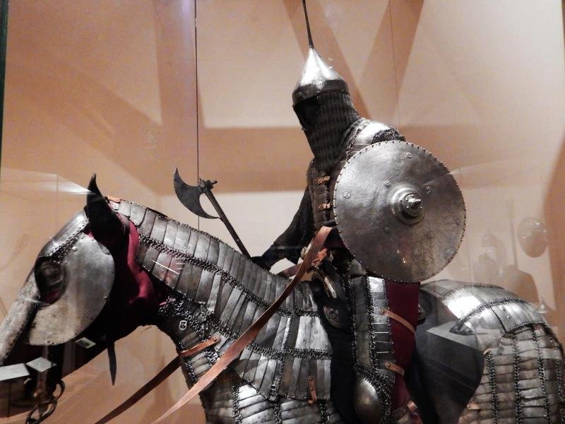 An Amazing, Huge, Antique Indian Ceremonial Steel Tabar Axe Inlaid in Brass, With Scene of Krishna & Temple Decor. Massive Crescentric Blade and Spike End, And Steel Chhajjas — image 6