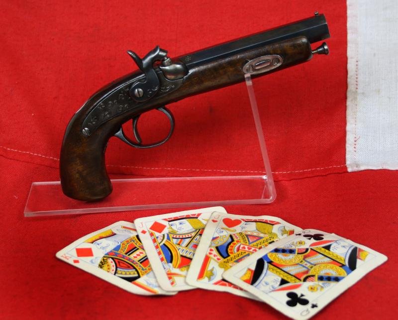 An Original, Antique, Small Continental 'Derringer' Back-Action Percussion Lock Pocket Pistol Circa 1840. Fancy Engraved Lock. Blued Steel Finish — image 2