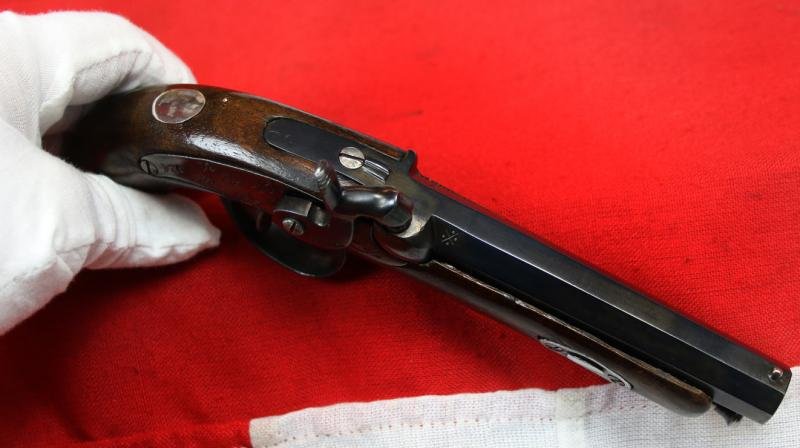 An Original, Antique, Small Continental 'Derringer' Back-Action Percussion Lock Pocket Pistol Circa 1840. Fancy Engraved Lock. Blued Steel Finish — image 3