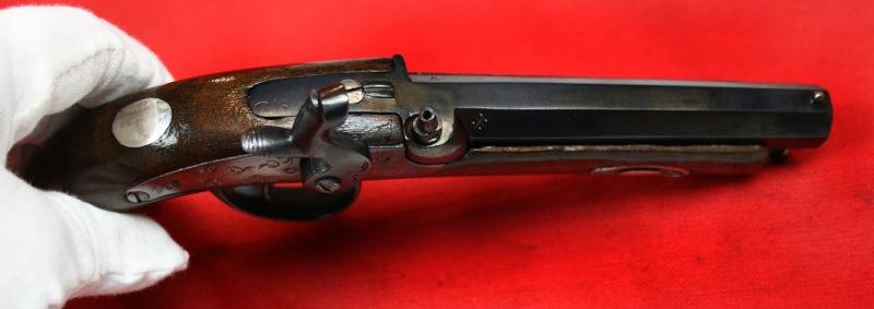An Original, Antique, Small Continental 'Derringer' Back-Action Percussion Lock Pocket Pistol Circa 1840. Fancy Engraved Lock. Blued Steel Finish — image 4