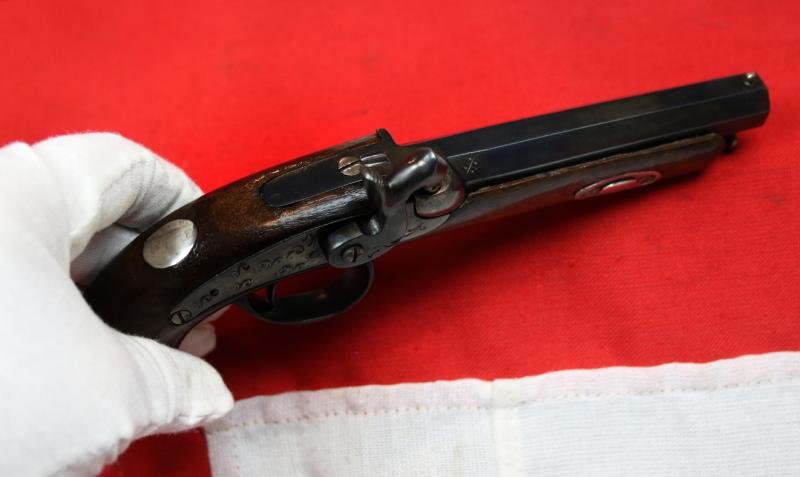 An Original, Antique, Small Continental 'Derringer' Back-Action Percussion Lock Pocket Pistol Circa 1840. Fancy Engraved Lock. Blued Steel Finish — image 5