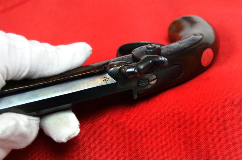 An Original, Antique, Small Continental 'Derringer' Back-Action Percussion Lock Pocket Pistol Circa 1840. Fancy Engraved Lock. Blued Steel Finish — image 7