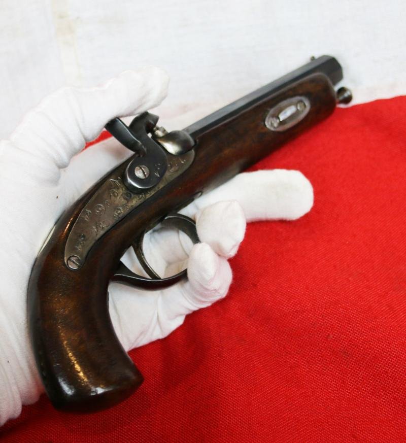An Original, Antique, Small Continental 'Derringer' Back-Action Percussion Lock Pocket Pistol Circa 1840. Fancy Engraved Lock. Blued Steel Finish — image 8