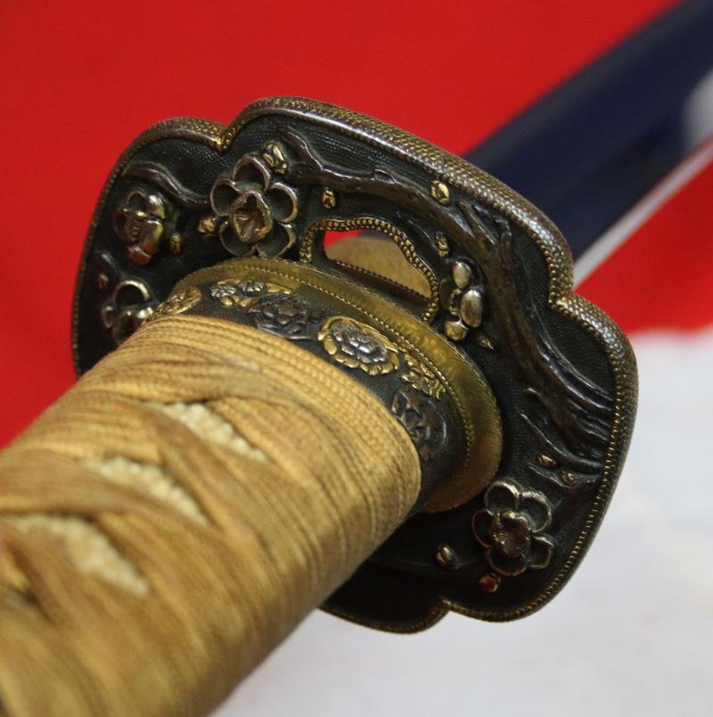 A Super and Most Beautiful Koto Wakazashi Circa 1550 With Original Edo Koshirae of Shakudo, Silver & Gold with a Nagoyamono Tsuba in Shakudo & Gold Prunus Tree With Nanako Ground and a Nanako Rim — image 6