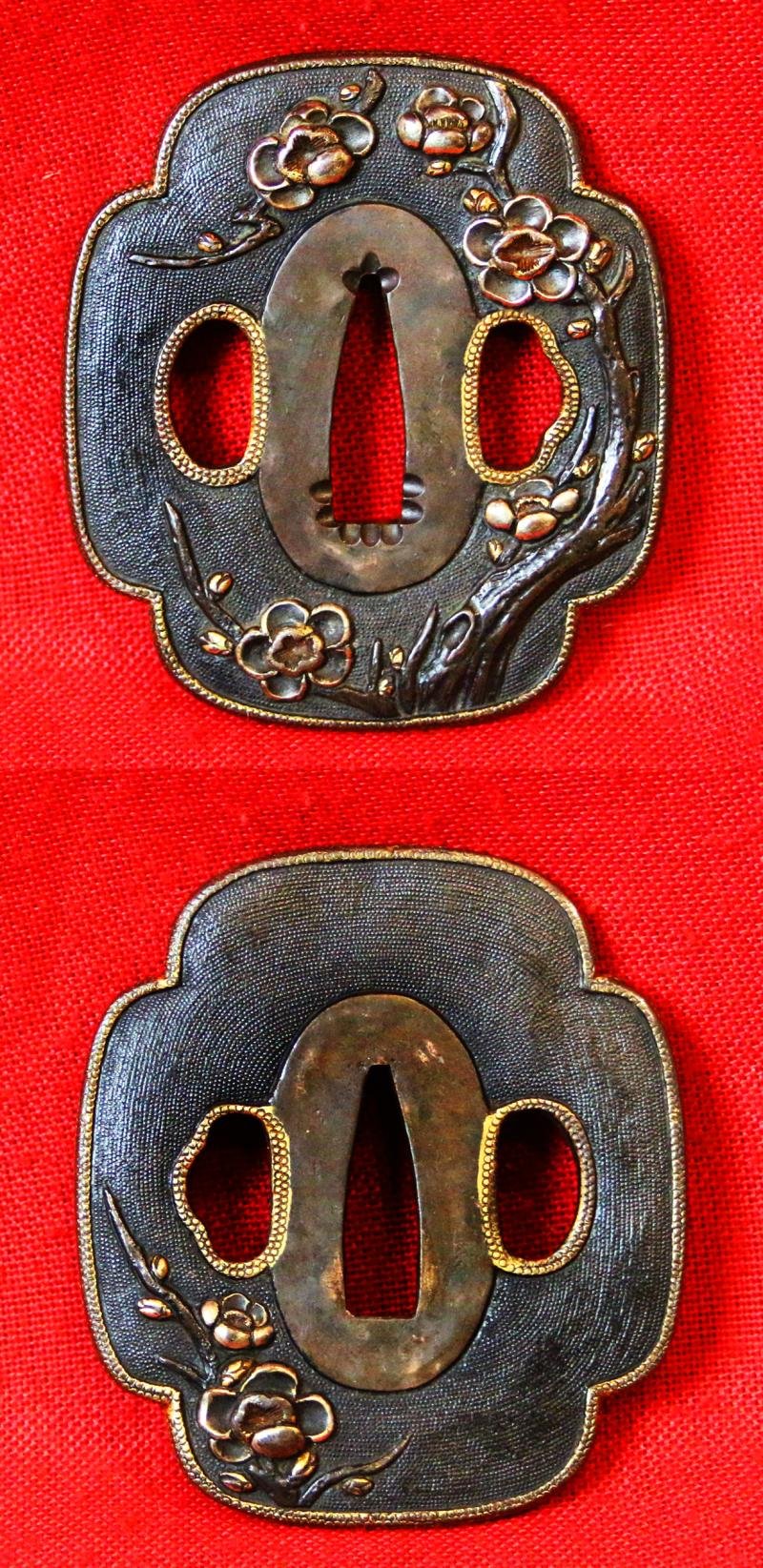 A Super and Most Beautiful Koto Wakazashi Circa 1550 With Original Edo Koshirae of Shakudo, Silver & Gold with a Nagoyamono Tsuba in Shakudo & Gold Prunus Tree With Nanako Ground and a Nanako Rim — image 7