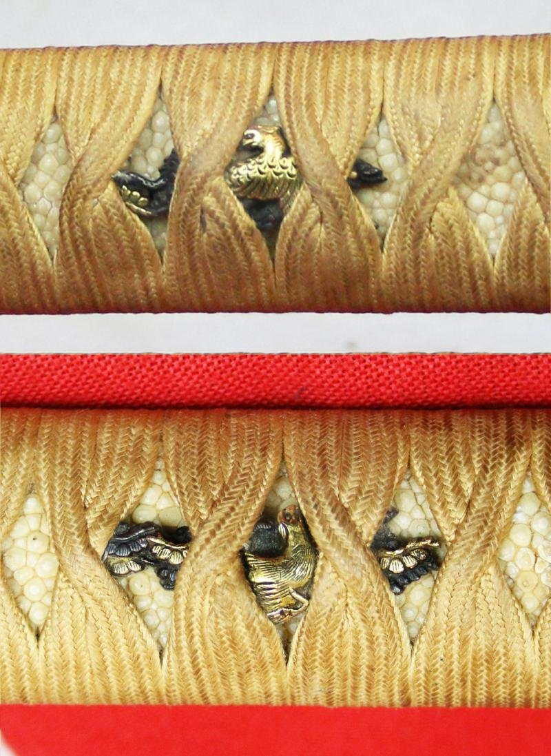 A Super and Most Beautiful Koto Wakazashi Circa 1550 With Original Edo Koshirae of Shakudo, Silver & Gold with a Nagoyamono Tsuba in Shakudo & Gold Prunus Tree With Nanako Ground and a Nanako Rim — image 8