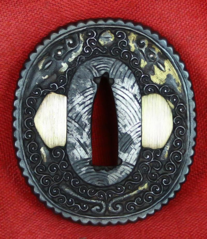 A Beautiful Quality Nanban Tsuba of Flying Dragons Over Scrolling Clouds With Gold Work. It Is Simply Breathtaking in its Beauty And Craftsmanship. — image 2