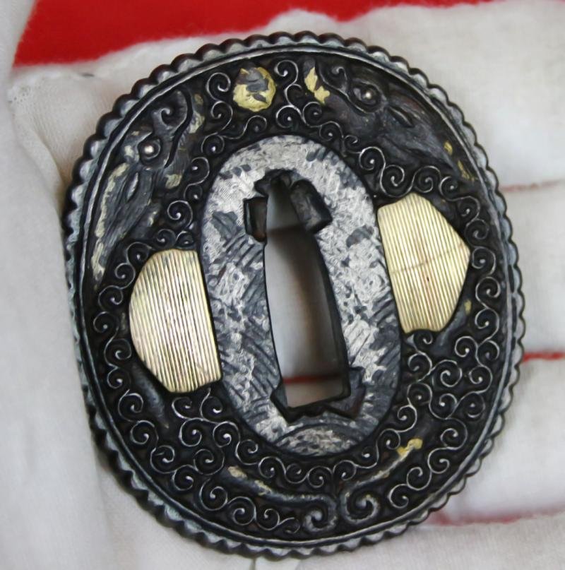 A Beautiful Quality Nanban Tsuba of Flying Dragons Over Scrolling Clouds With Gold Work. It Is Simply Breathtaking in its Beauty And Craftsmanship. — image 3