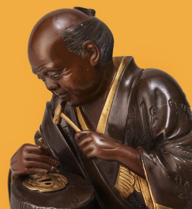 A Fine & Beautiful Edo Period Iron Tsuba in Nikubori Jisukashi Of Waterfalls Rocks and River with A wooden Bridge Being Traversed by a Figure On Horseback Carrying a Parasol — image 4