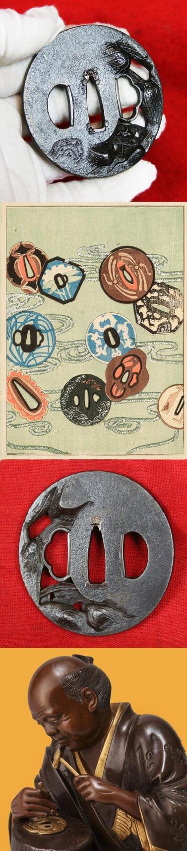 A Fine & Beautiful Edo Period Iron Tsuba in Nikubori Jisukashi Of Waterfalls Rocks and River with A wooden Bridge Being Traversed by a Figure On Horseback Carrying a Parasol — image 5