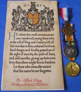 WW1 1914-15 TRIO & MEMORIAL SCROLL, 1/4th NORTHUMBERLAND FUSILIERS, K.I.A …