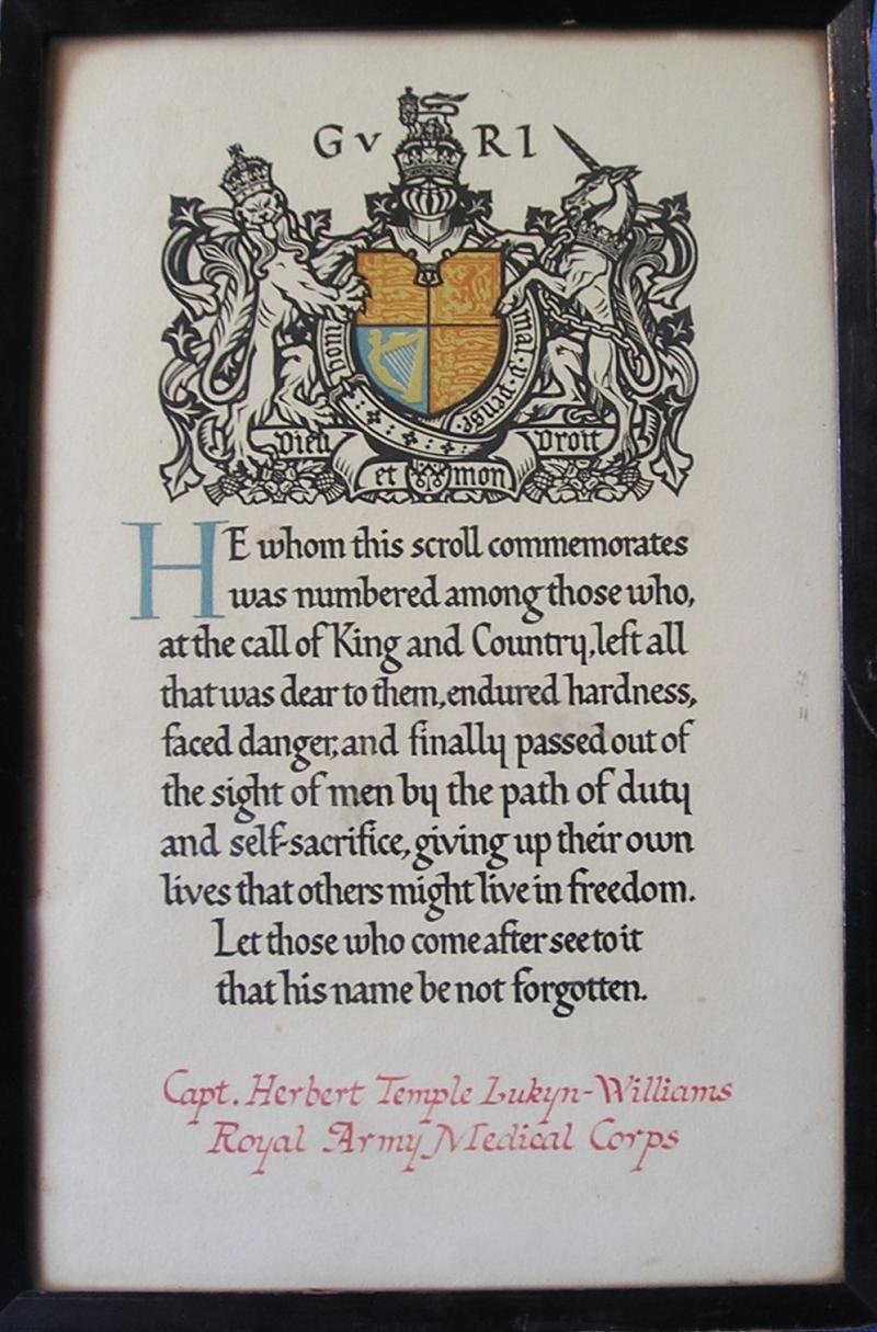 WW1 MEMORIAL SCROLL IN A PERIOD FRAME, R.A.M.C OFFICER, D.O.W F&F 25-3-1918 SERVING WITH THE 15th NOTTS & DERBY REGT — image 2