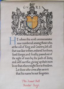 WW1 MEMORIAL SCROLL, PTE JAMES BELL. BORDER REGIMENT