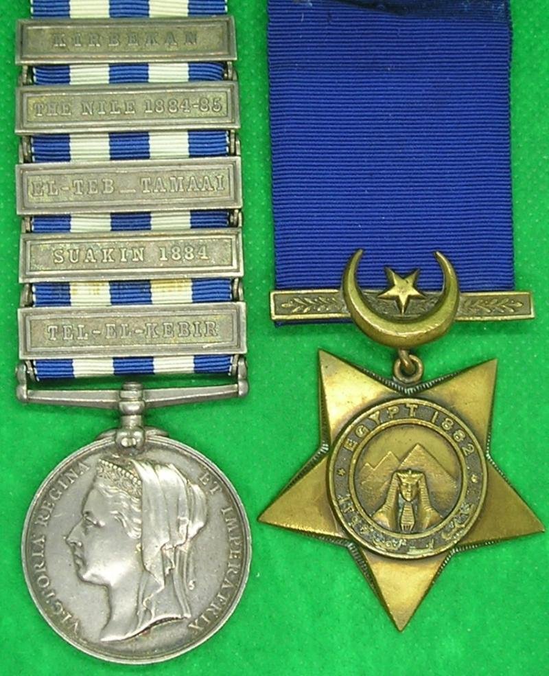 5 BAR EGYPT PAIR, 1st ROYAL HIGHLANDERS / BLACK WATCH, SHOT THROUGH HIS HELMET AT KIRBEKAN 1885 — image 2