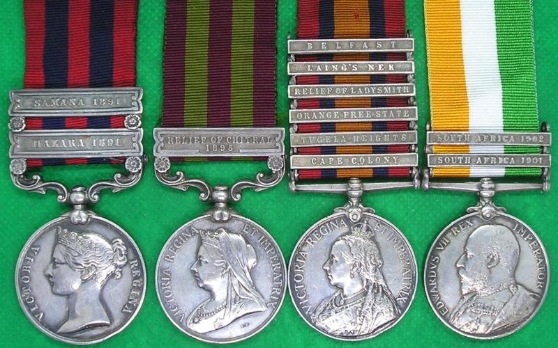 2 BAR IGS 1854 HAZARA & SAMANA 1891, IGS 1895 RELIEF OF CHITRAL, 6 BAR QSA & KSA PAIR, 1st K.R.R.C — image 2