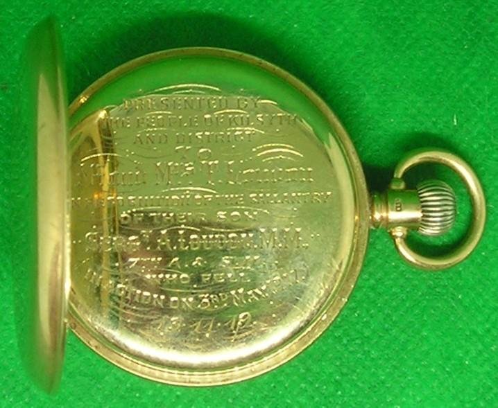 9CT GOLDEN FULL HUNTER POCKET WATCH, PRESENTED BY THE PEOPLE OF KILSYTH TO THE PARENTS OF SJT LOUDON, 7th A&S.HIGHRS / M.G.C, MILITARY MEDAL RECIPIENT, KIA F&F 3-5-17 — image 3