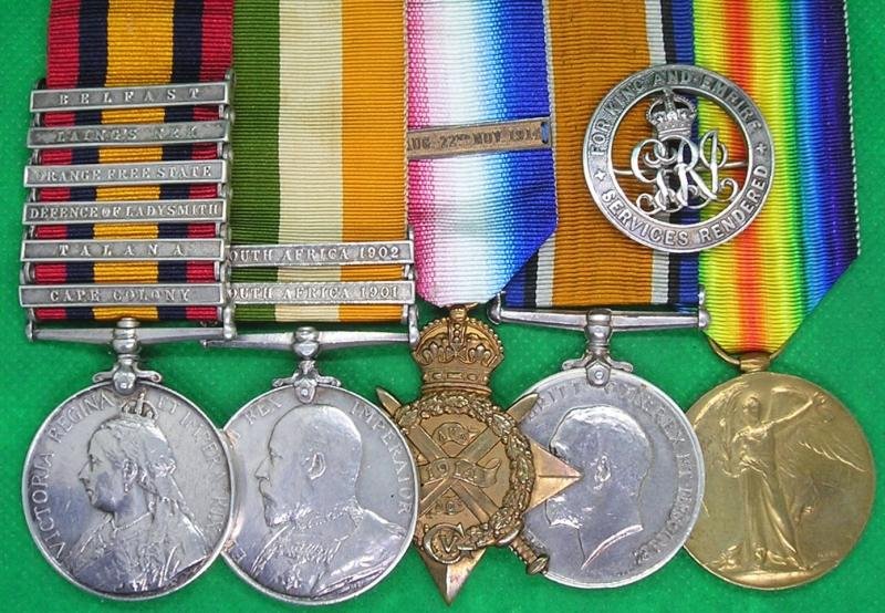 6 BAR QSA TALANA / DEFENCE OF LADYSMITH, KSA, 1914 STAR & BAR TRIO WITH ORIGINAL SILVER WAR BADGE, 1st K.R.R.C — image 2