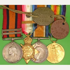 QSA & 1914 MONS STAR TRIO WITH DOG TAGS, A&S.HIGHRS …