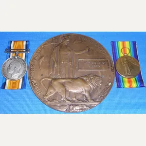 WW1 PAIR & MEMORIAL PLAQUE, HMS GOLIATH, LOST AT SEA …