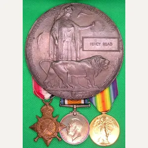 WW1 1914-15 TRIO & MEMORIAL PLAQUE, 12th NORTHUMBERLAND FUSILIERS, K.I.A …