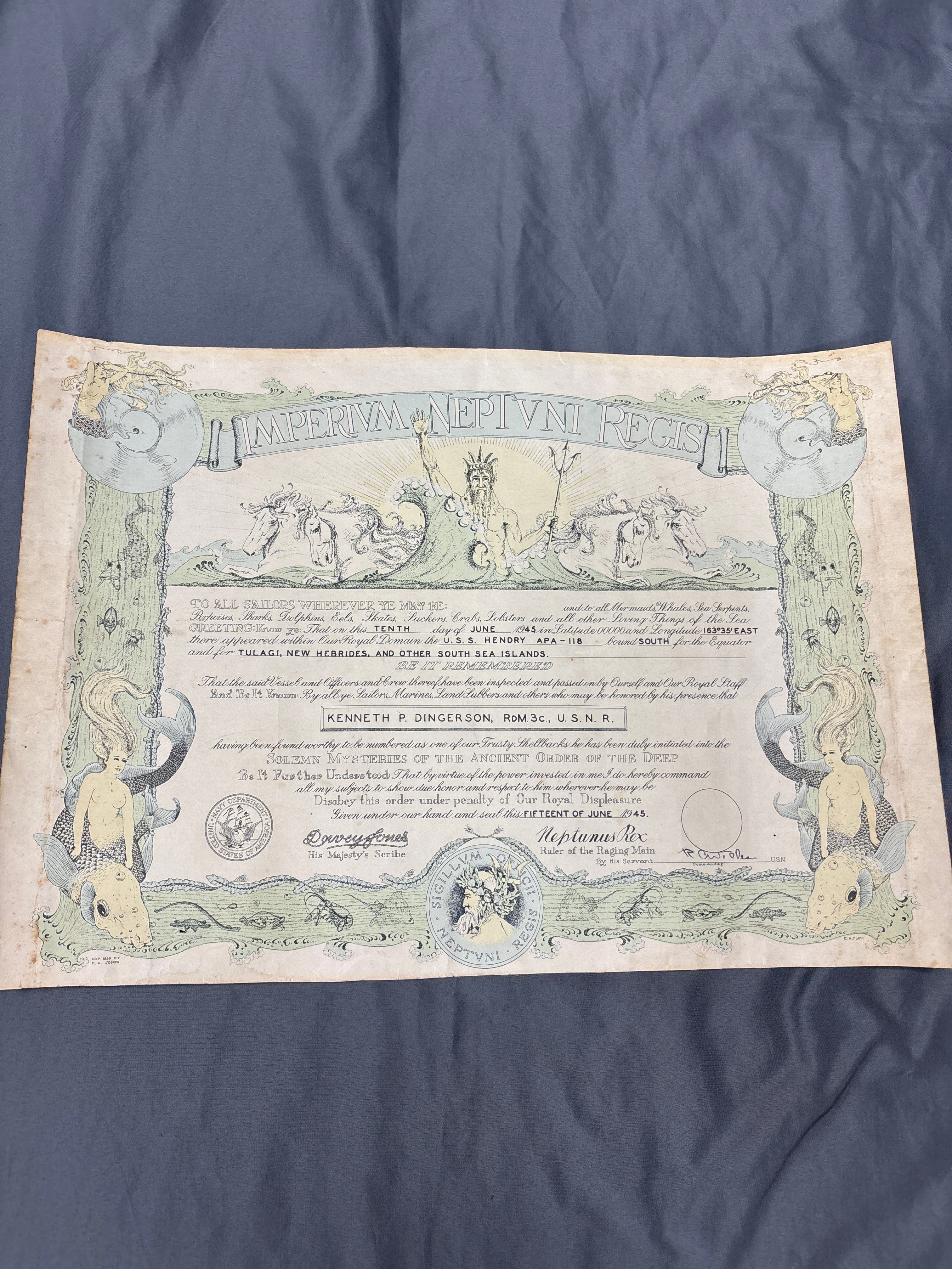 WWII USS HENDRY RADARMAN THIRD CLASS CREW NEPTUNUS REGIS & DOCUMENT GROUP — image 2