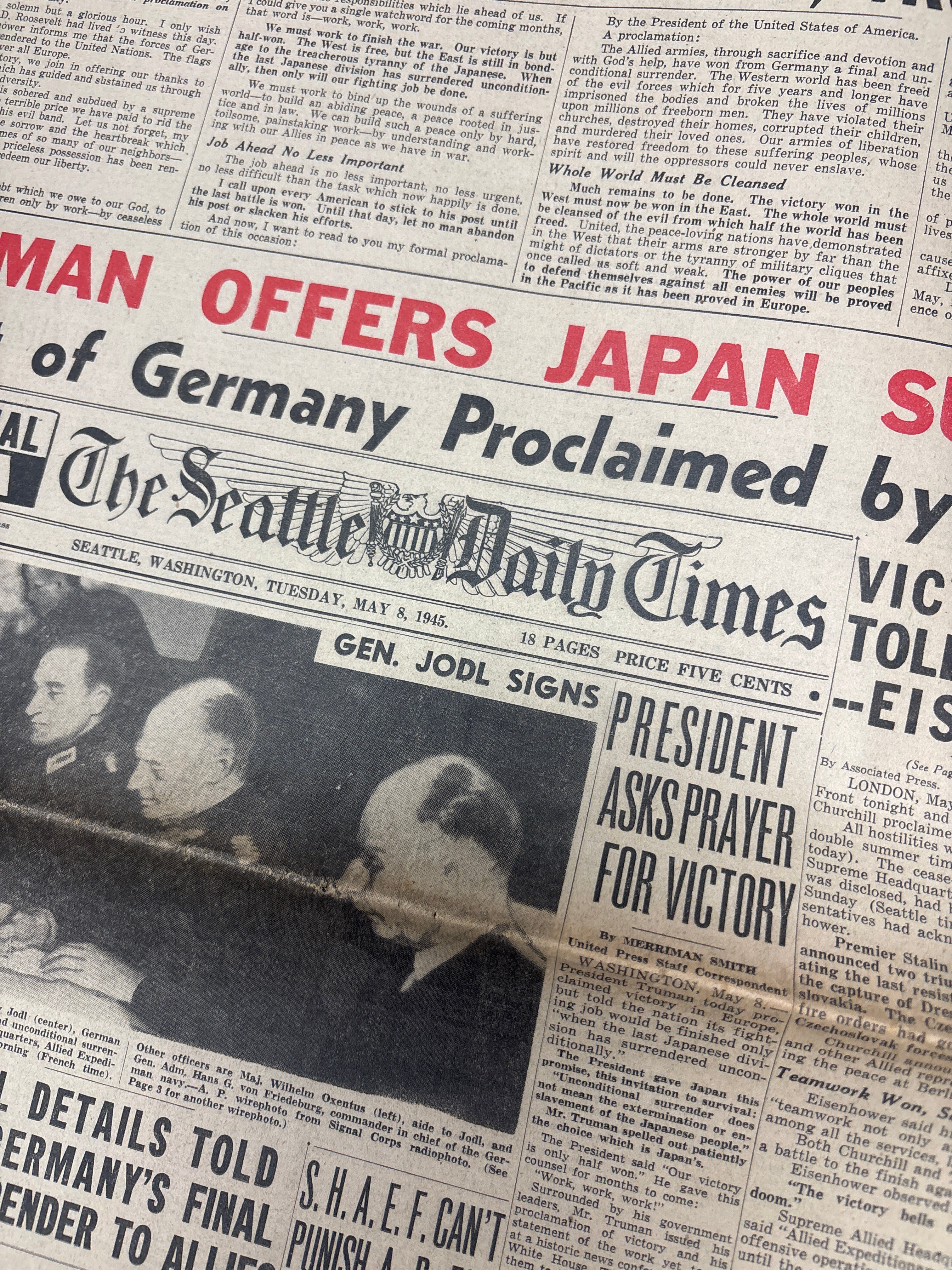 WWII US SEATTLE DAILY TIMES NEWSPAPER MAY 8TH GERMANY SURRENDERS — image 2