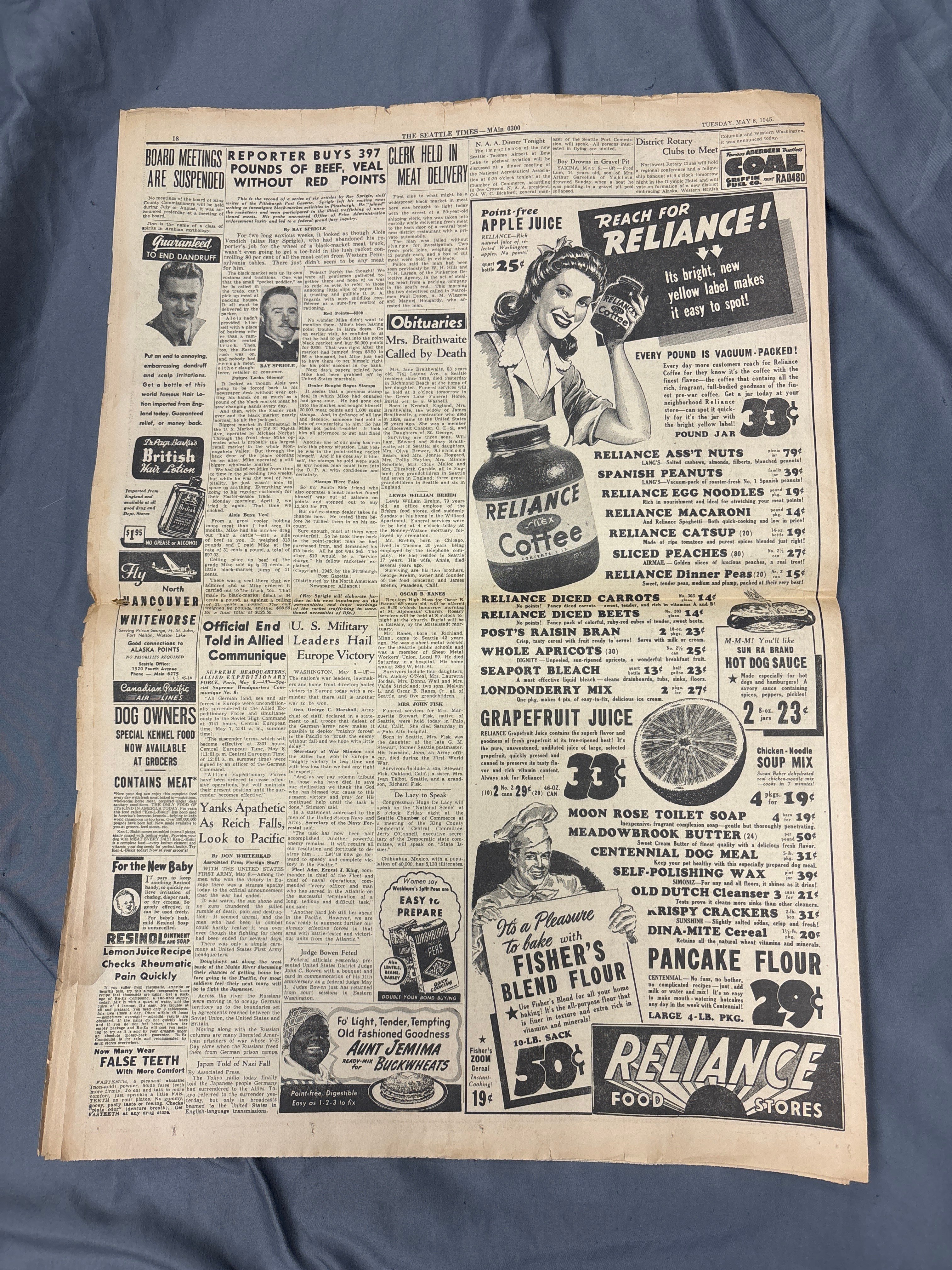 WWII US SEATTLE DAILY TIMES NEWSPAPER MAY 8TH GERMANY SURRENDERS — image 3