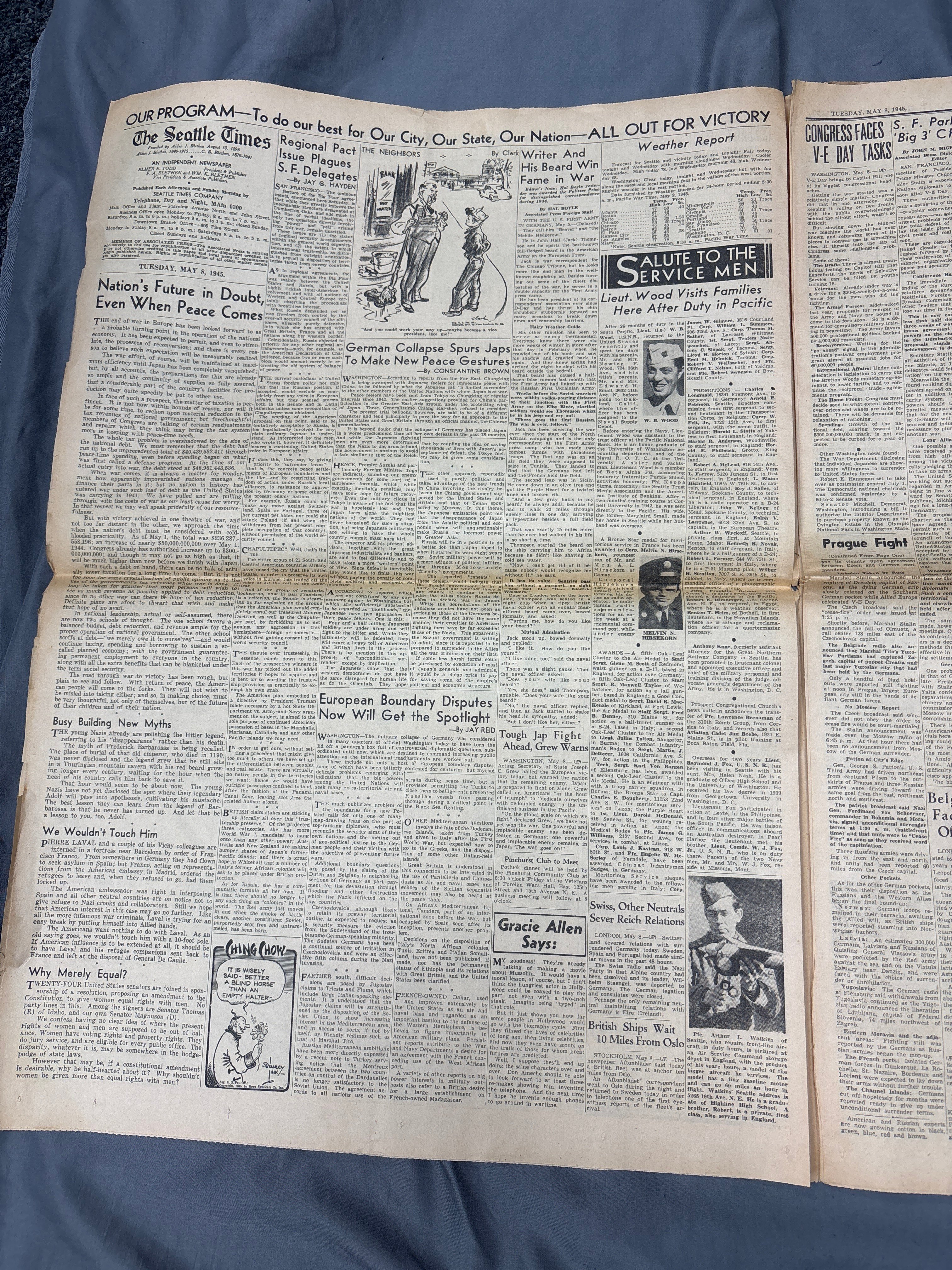 WWII US SEATTLE DAILY TIMES NEWSPAPER MAY 8TH GERMANY SURRENDERS — image 4