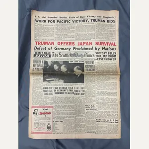 WWII US SEATTLE DAILY TIMES NEWSPAPER MAY 8TH GERMANY SURRENDERS