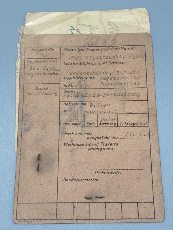 WW2 Polish Workers ID Card Coal Miner Dated 1940 — image 2