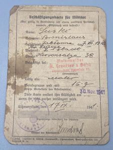 WW2 Polish Jewish Workers Card Litzmannstadt Dated 1941 Nazi Occupation